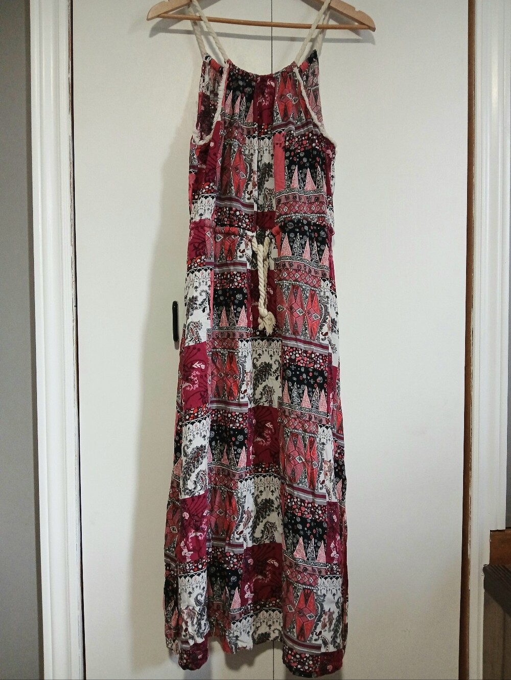 ​DODO Boho Patchwork Maxi Dress XL Red Pink Geometric Halter Rope Accent Slit